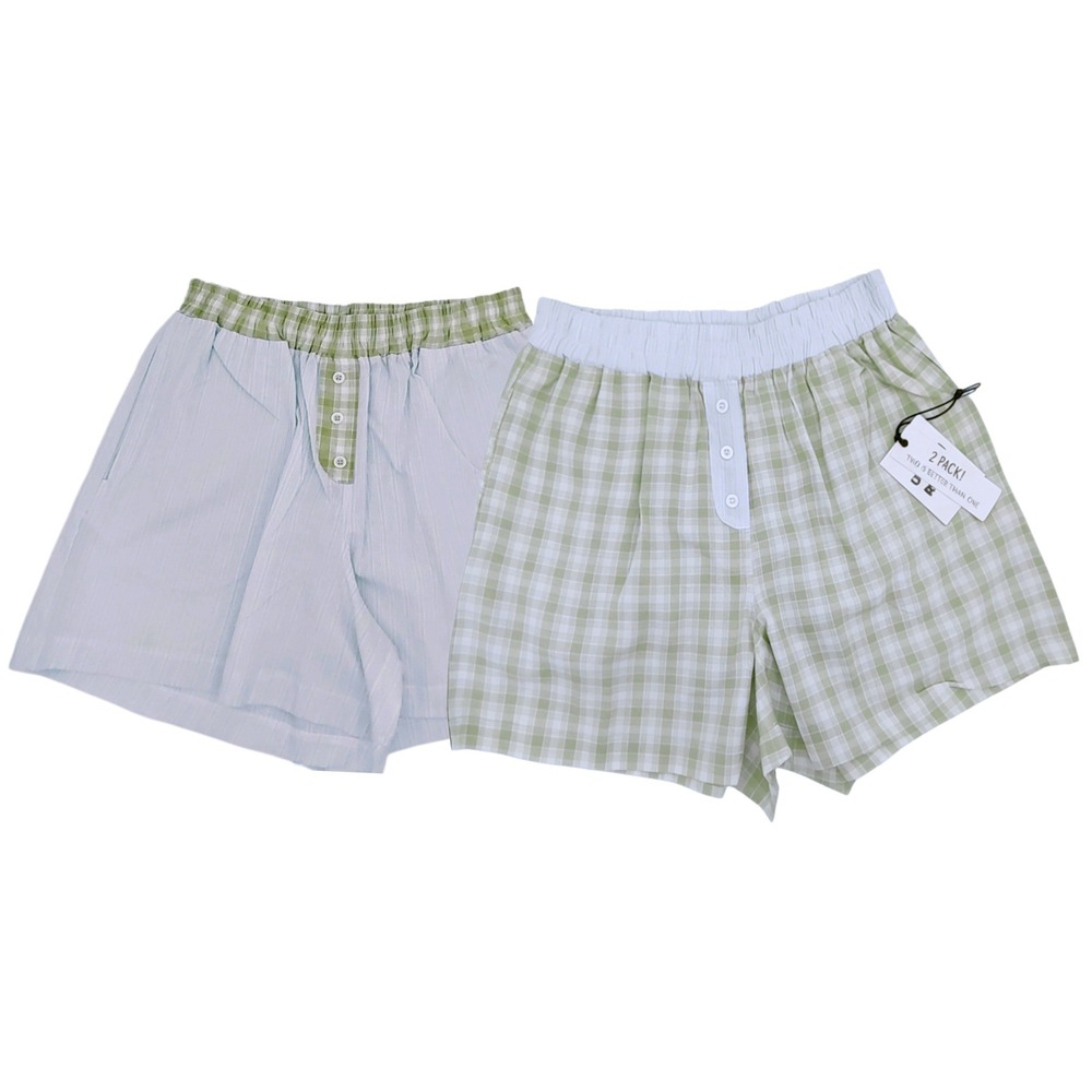 2 Cotton Sleep Shorts Women (S) Pajama Boxer Pockets Green Gingham & Blue Stripe